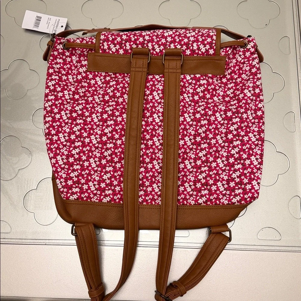 Madden Girl Red Floral Canvas Backpack with Tan Trim